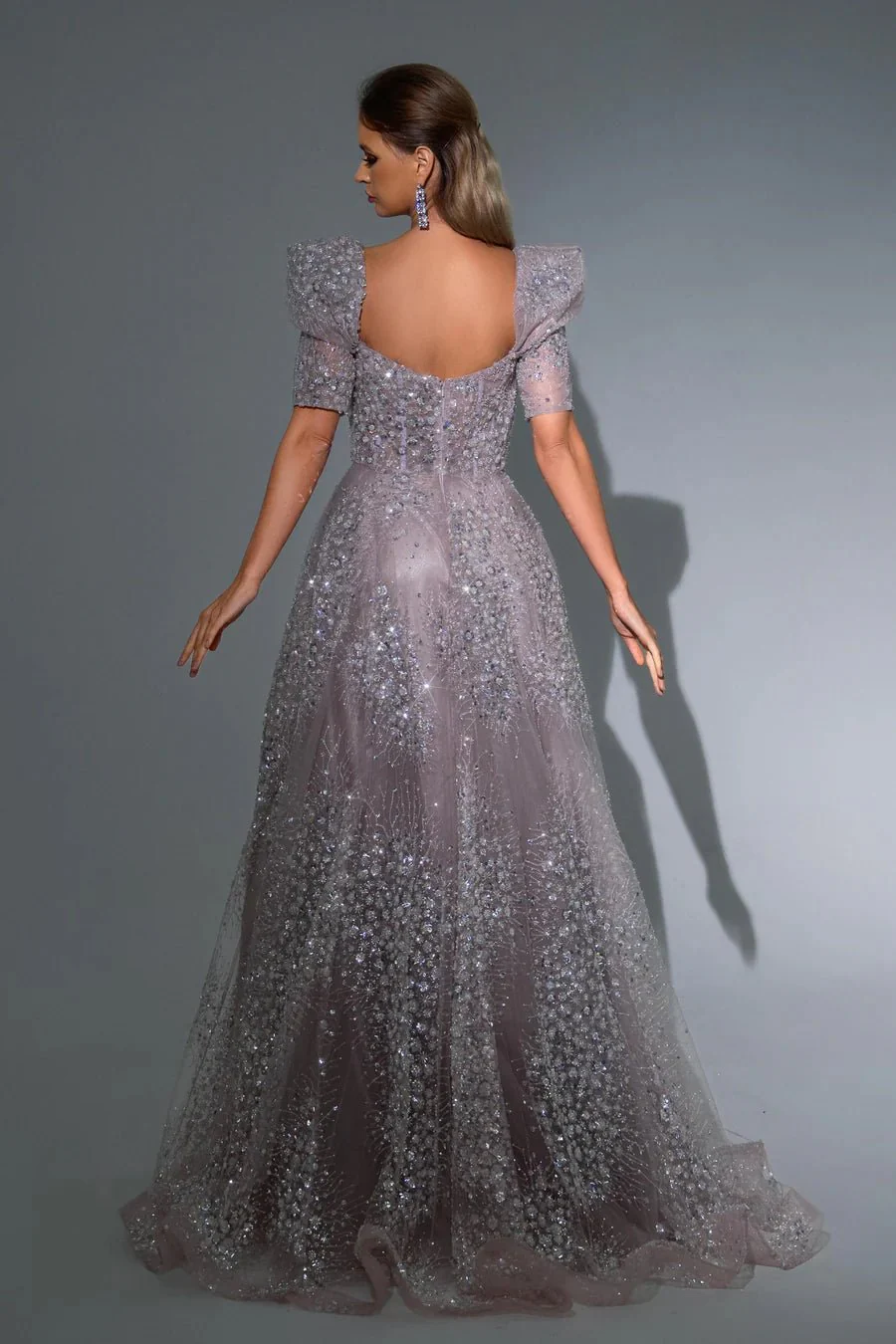 Luxurious Champagne Green Sequin Evening Gown with Puff Sleeves - Pretty Sequin Dress and Designer Sequin Gown with V-Neck Plus Size - Image 6