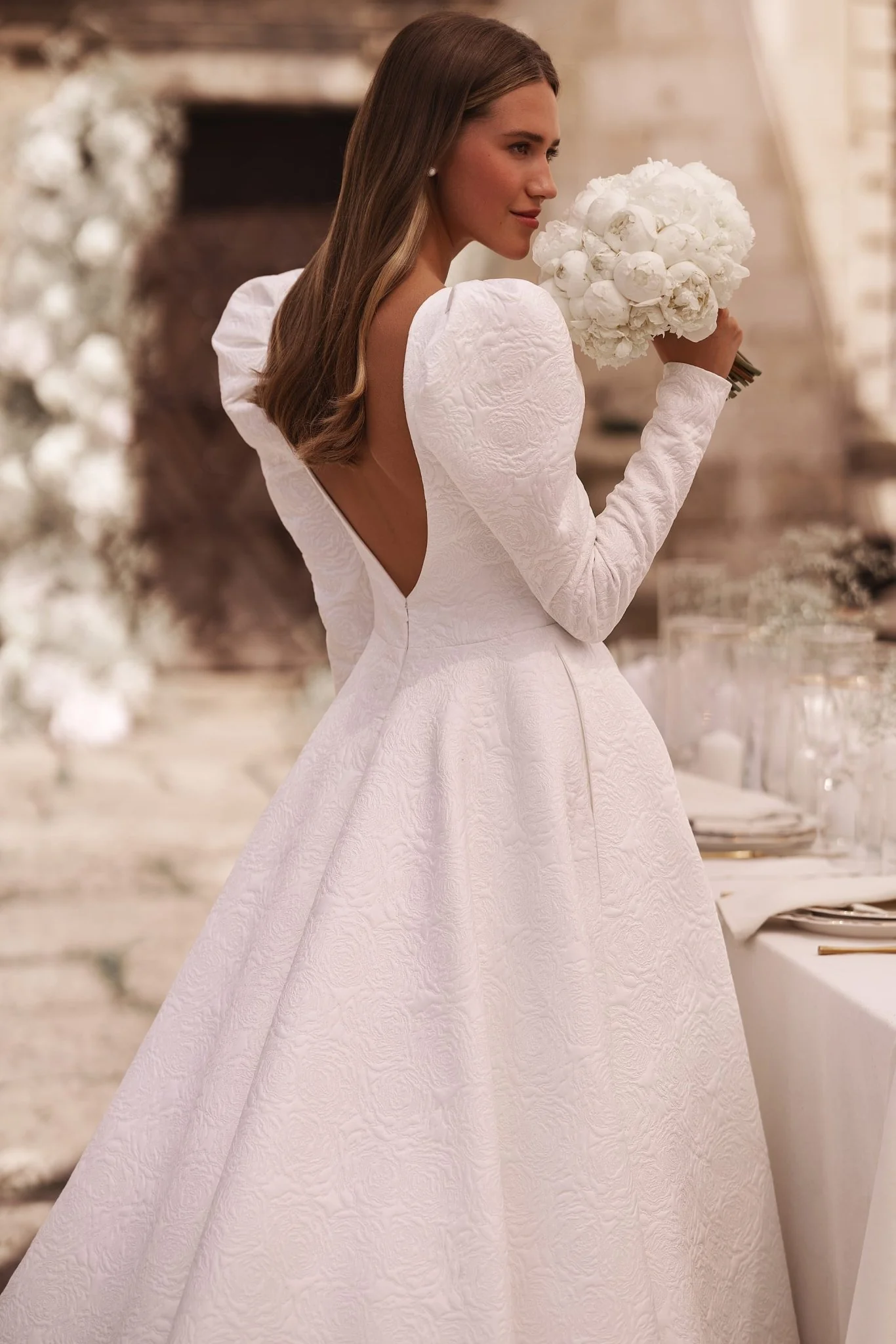 Luxurious Ivory A-Line Wedding Dress with Embossed Roses and Open Back Plus Size - Image 2