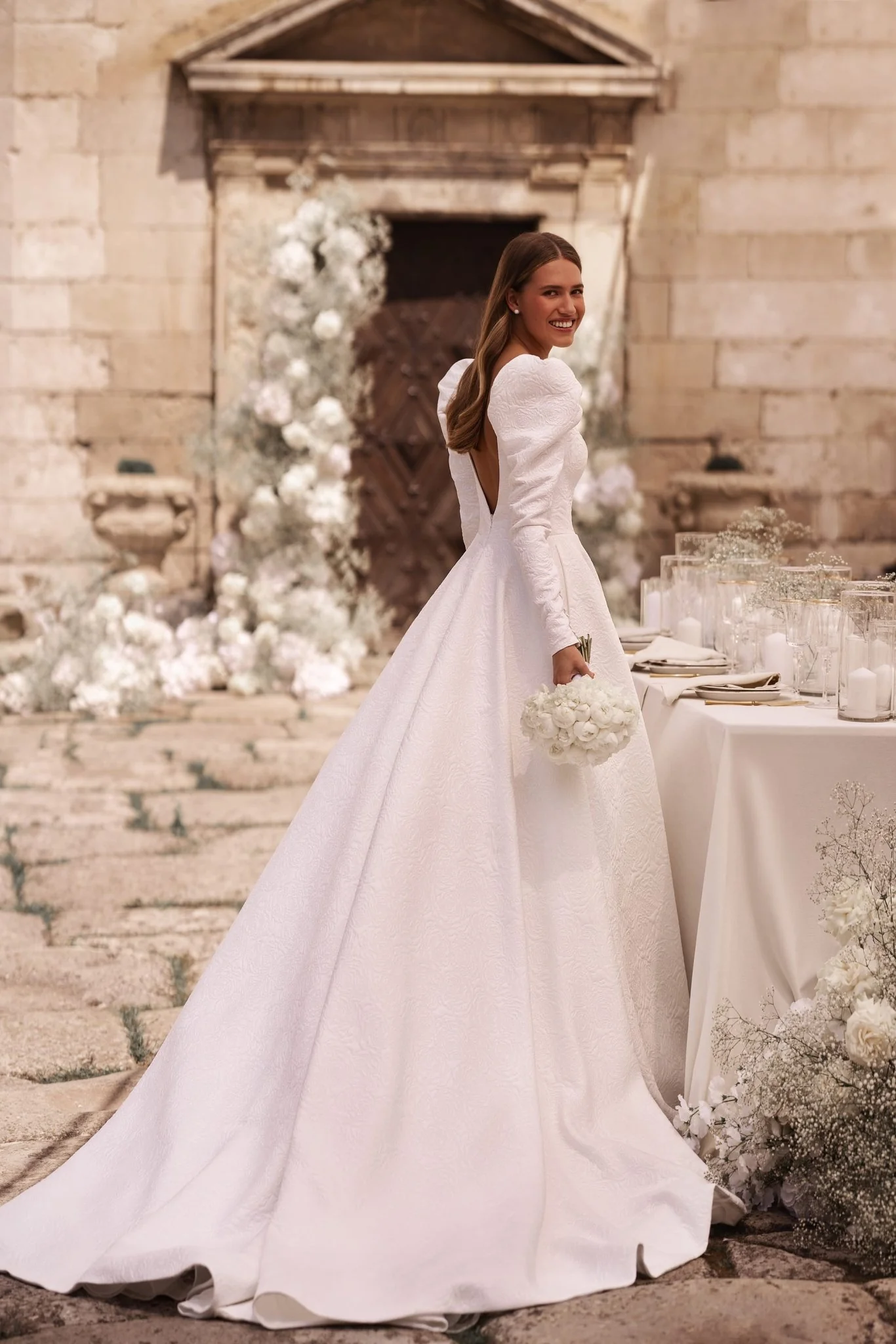 Luxurious Ivory A-Line Wedding Dress with Embossed Roses and Open Back Plus Size - Image 3