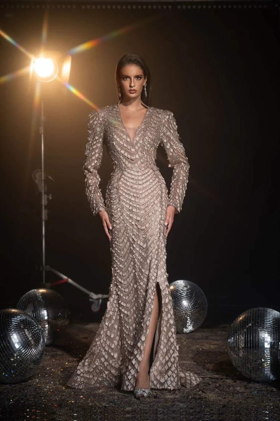 Luxurious Khaki Sequin Evening Gown with Long Sleeves and V-Neck - Pretty Sequin Dress and Elegant Designer Gown with Slit Plus Size