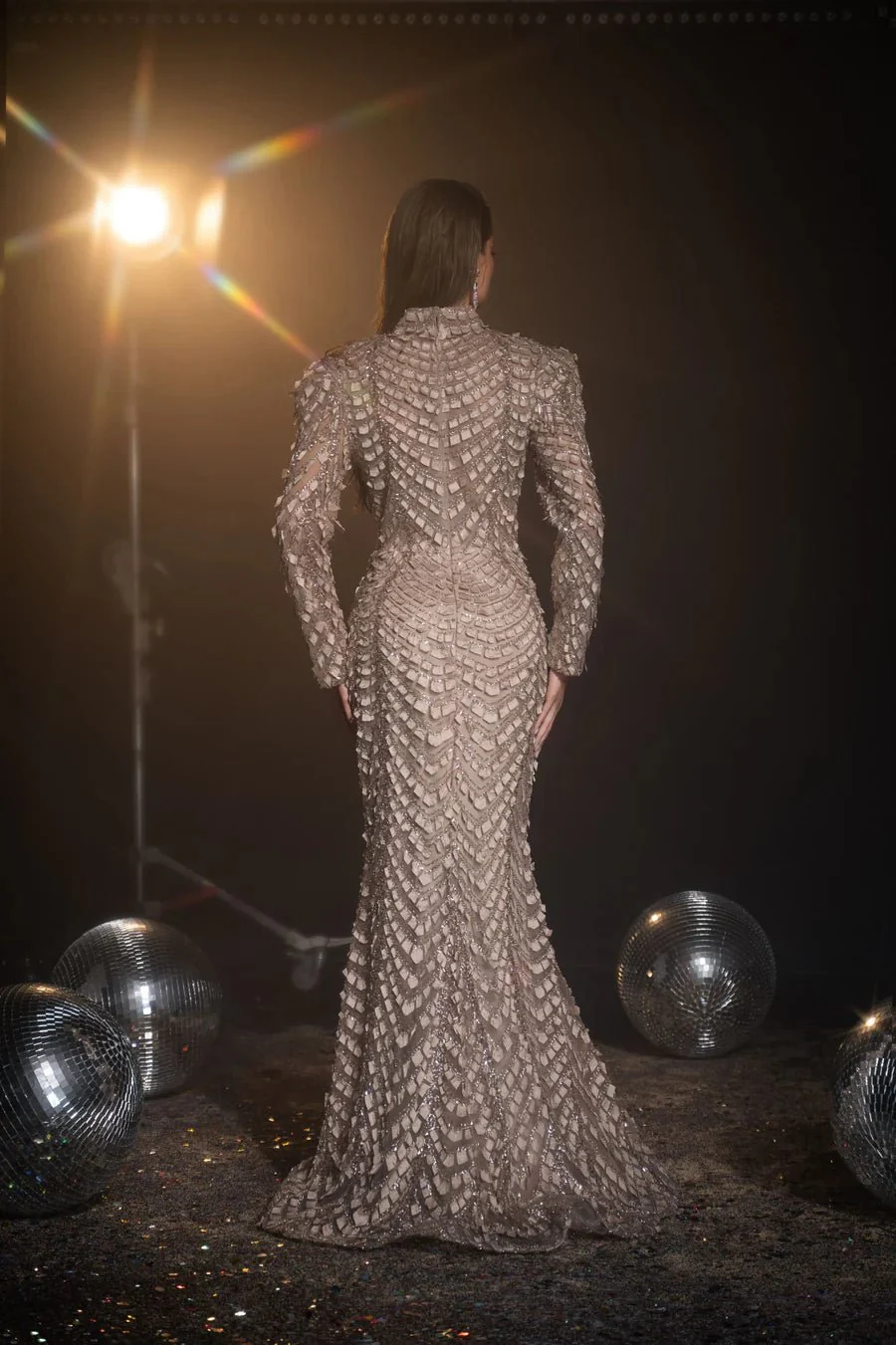 Luxurious Khaki Sequin Evening Gown with Long Sleeves and V-Neck - Pretty Sequin Dress and Elegant Designer Gown with Slit Plus Size - Image 3