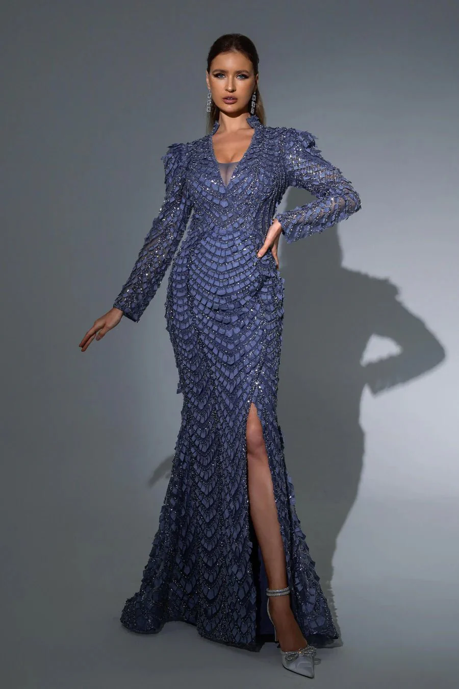 Luxurious Khaki Sequin Evening Gown with Long Sleeves and V-Neck - Pretty Sequin Dress and Elegant Designer Gown with Slit Plus Size - Image 5