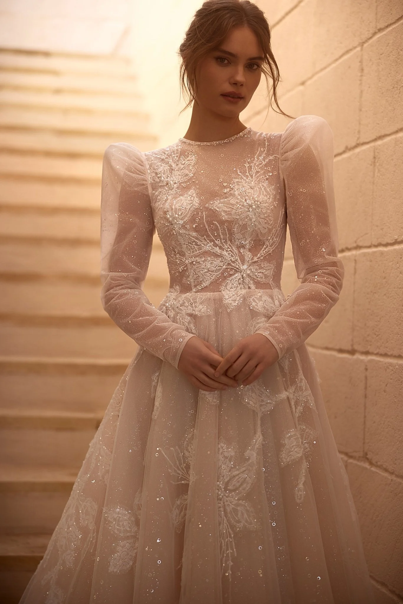 Luxurious Long Sleeve Embroidered Wedding Dress with Voluminous Sleeves Plus Size - Image 3