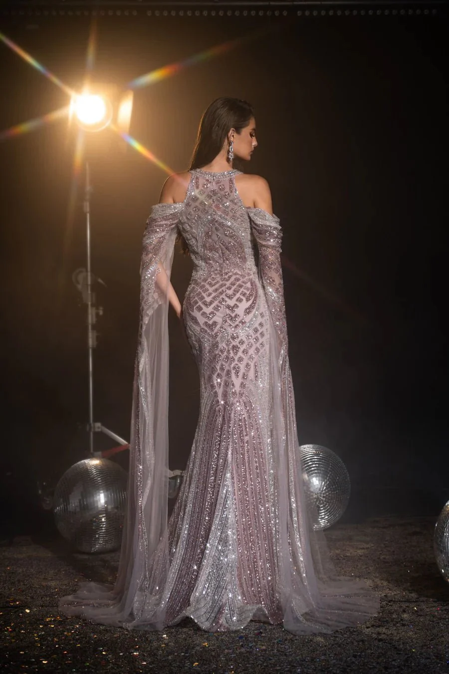 Luxurious Mauve Purple Sequin Evening Gown with Sheer long sleeves - Pretty Sequin Dress and Elegant Designer Sequin Gown Plus Size - Image 2