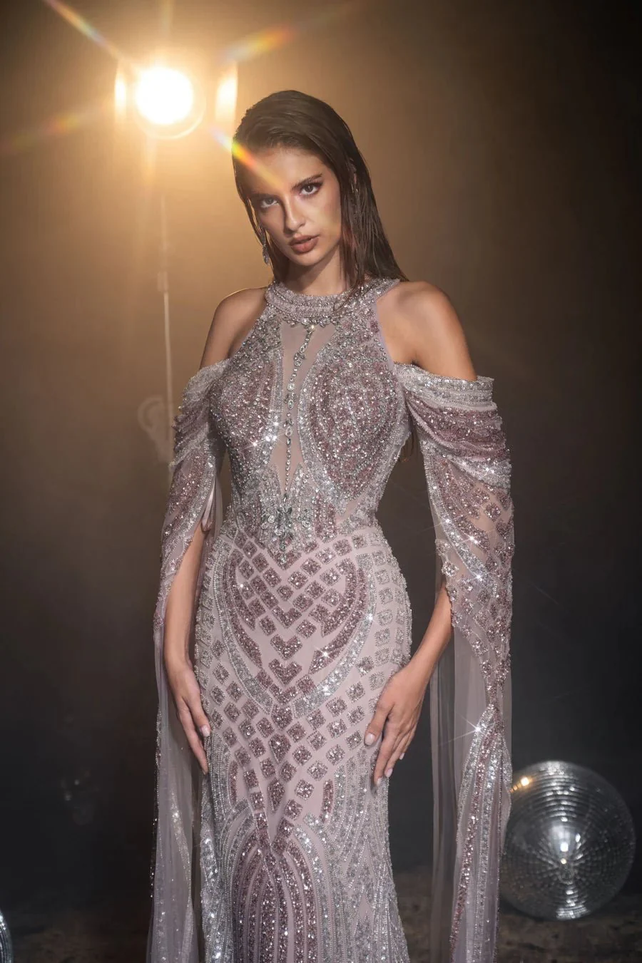 Luxurious Mauve Purple Sequin Evening Gown with Sheer long sleeves - Pretty Sequin Dress and Elegant Designer Sequin Gown Plus Size - Image 3
