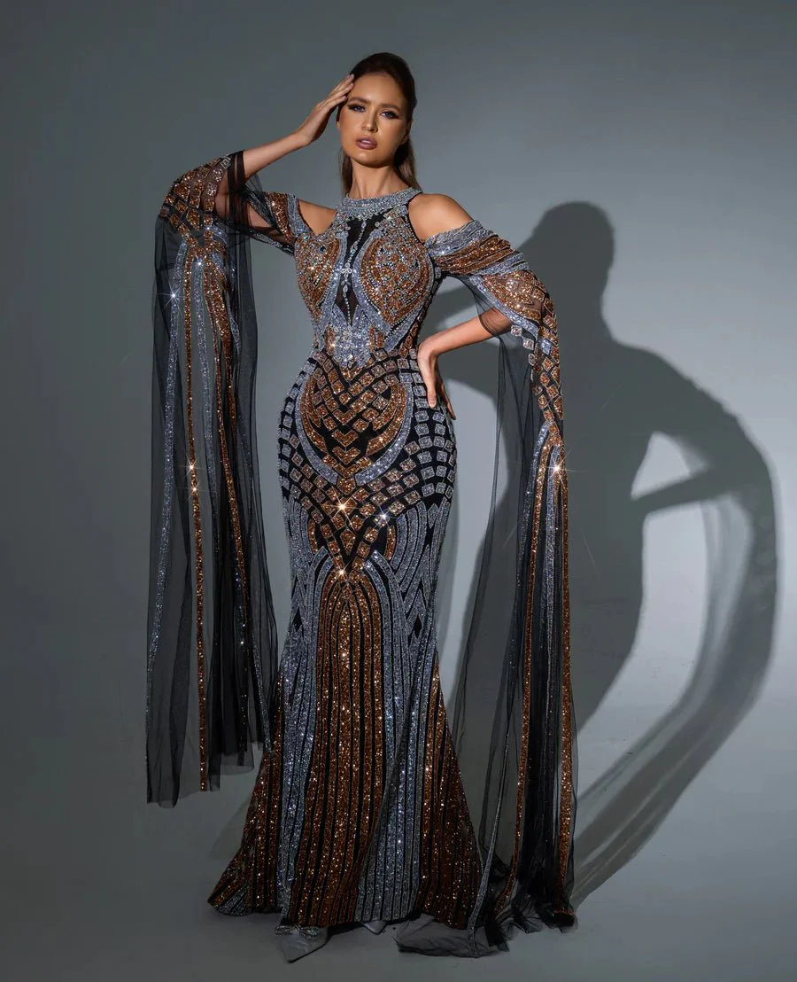 Luxurious Mauve Purple Sequin Evening Gown with Sheer long sleeves - Pretty Sequin Dress and Elegant Designer Sequin Gown Plus Size - Image 4