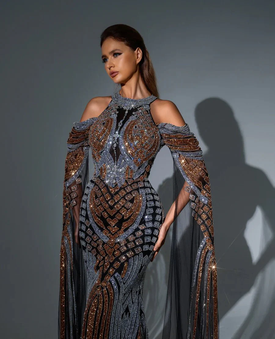Luxurious Mauve Purple Sequin Evening Gown with Sheer long sleeves - Pretty Sequin Dress and Elegant Designer Sequin Gown Plus Size - Image 6