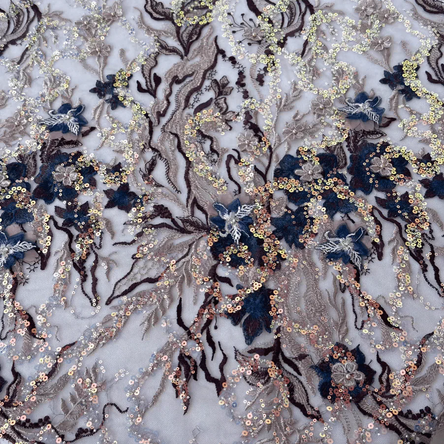 Luxurious Navy Embroidered Sequin Floral Tulle Fabric - Image 2