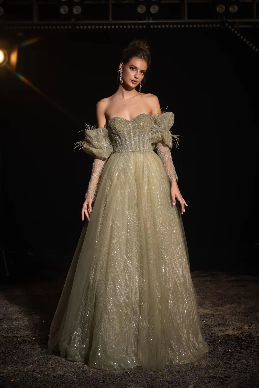 Luxurious Olive Green Sequin Evening Gown with Feathered Sleeves - Pretty Sequin Dress and Elegant Designer Gown Plus Size
