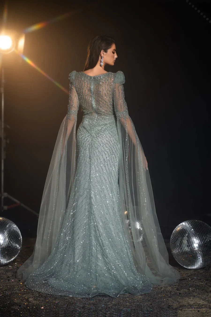 Luxurious Sage Green Sequin Evening Gown with Cape Sleeves - Pretty Sequin Dress and Elegant Cape Dress Plus Size - Image 2