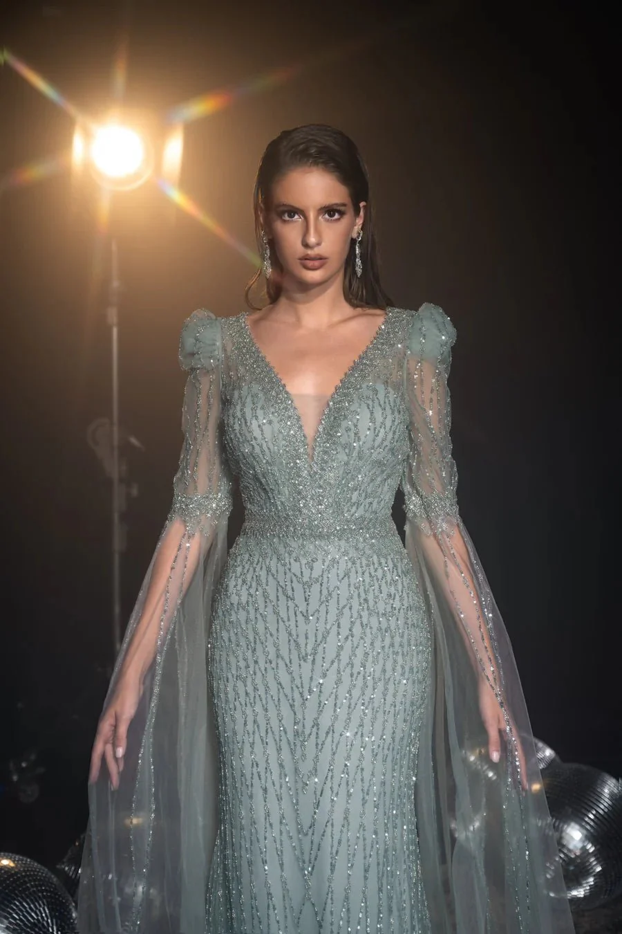 Luxurious Sage Green Sequin Evening Gown with Cape Sleeves - Pretty Sequin Dress and Elegant Cape Dress Plus Size - Image 3