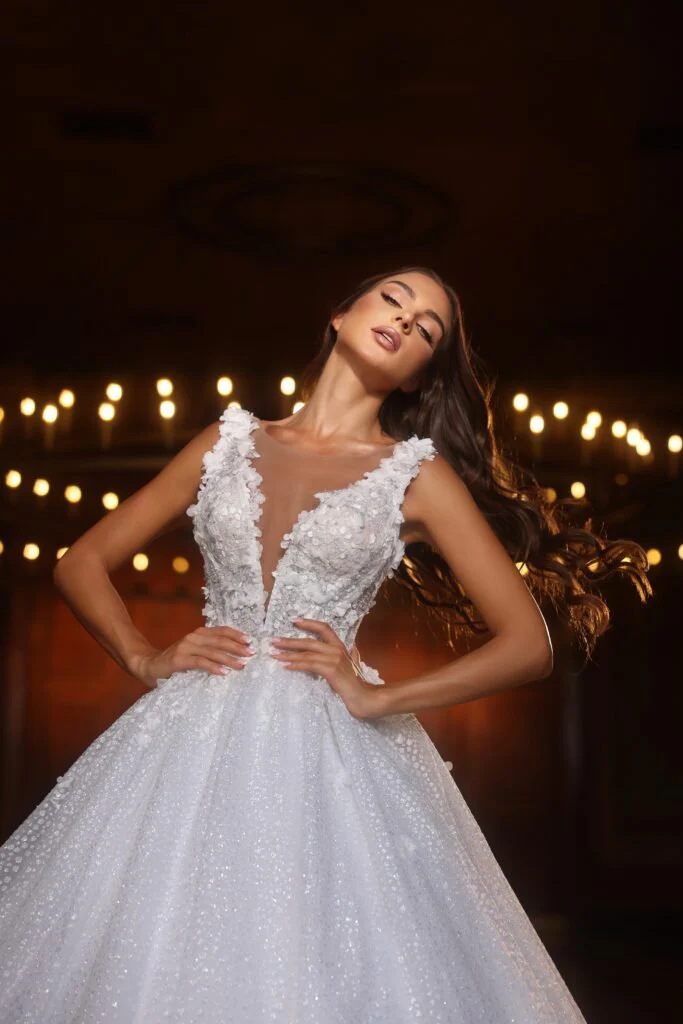 Luxurious Sequined Ball Gown Wedding Dress with Deep V-Neck - Plus Size - Image 2