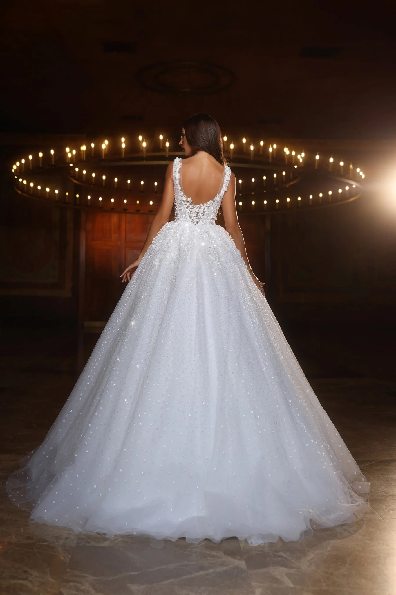 Luxurious Sequined Ball Gown Wedding Dress with Deep V-Neck - Plus Size - Image 3