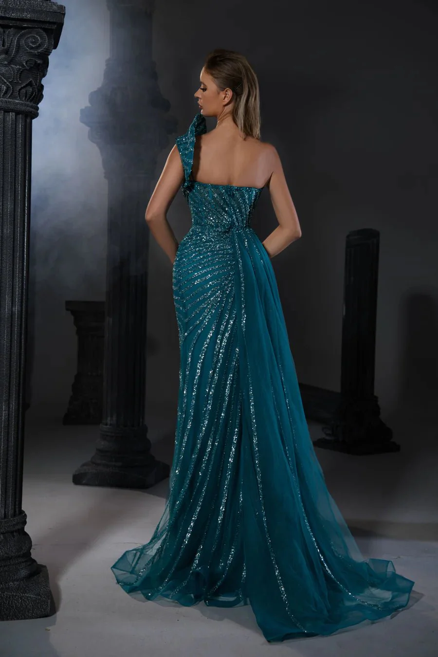 Luxurious Turq Sequin Evening Gown with One Shoulder and Slit - Pretty Sequin Dress andDesigner Sequin Gown Plus Size - Image 2