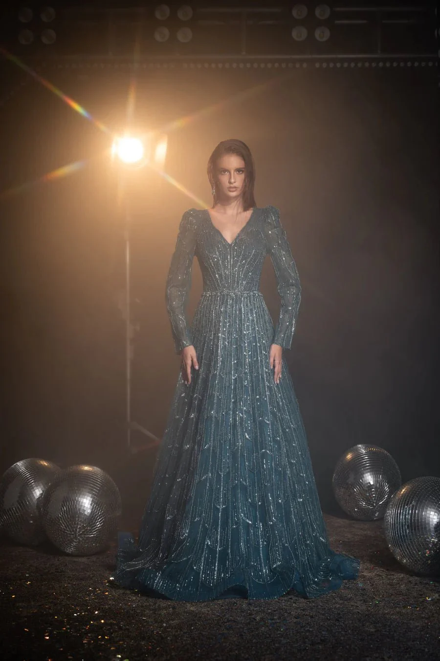 Luxurious Turquoise Sequin Evening Gown with Long Sleeves - Pretty Sequin Dress and Designer Sequin Gown Plus Size
