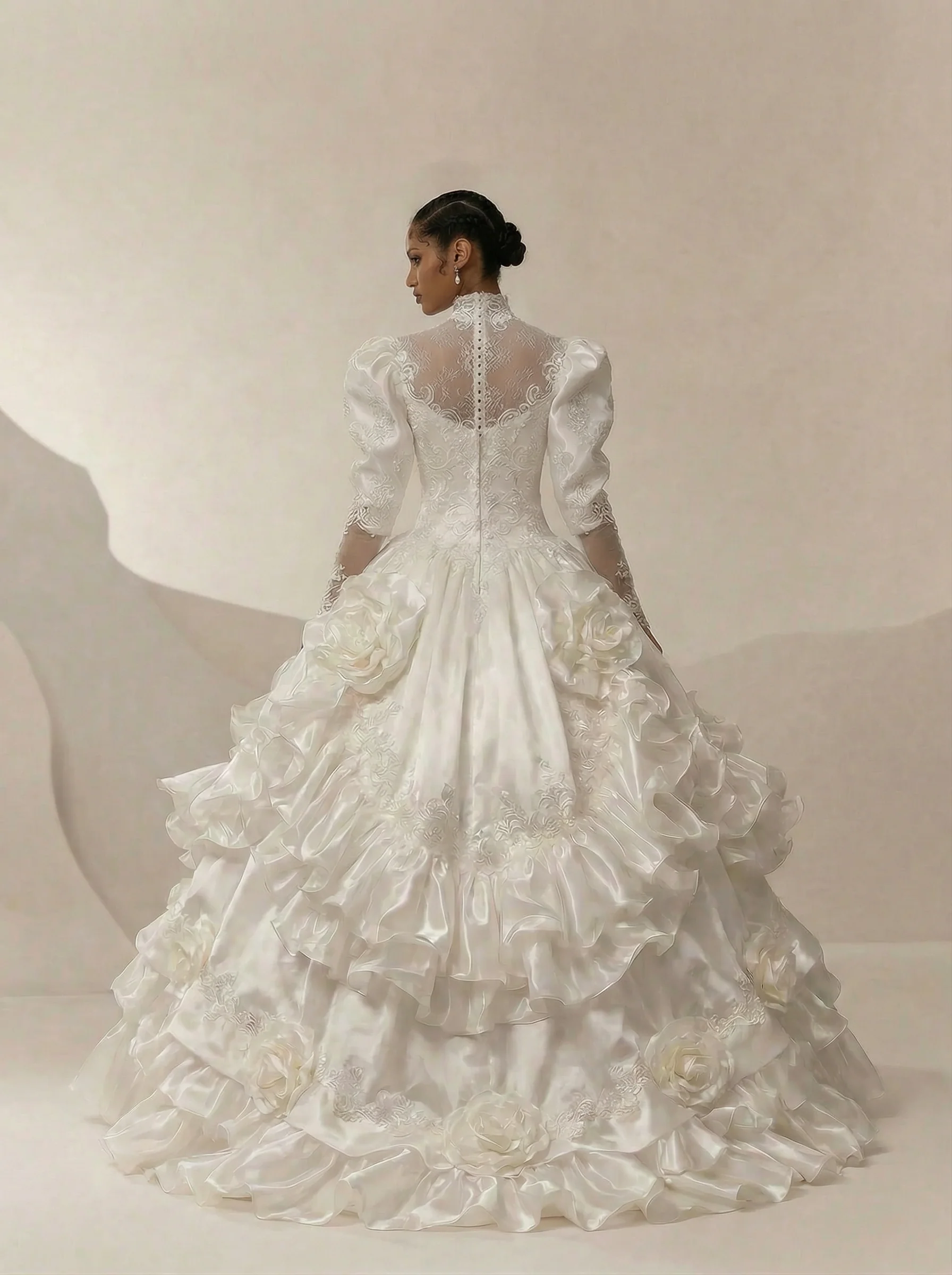 Luxury Antique White Taffeta Beaded Ball Gown Wedding Dress With  - Victorian Wedding Dress - Plus Size - Image 3
