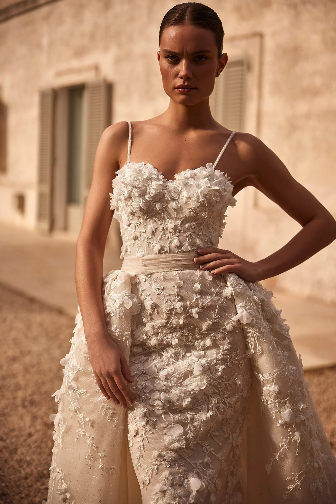 Luxury Floral Appliqué Spaghetti Strap Bridal Gown with Majestic Train Plus Size - Image 3