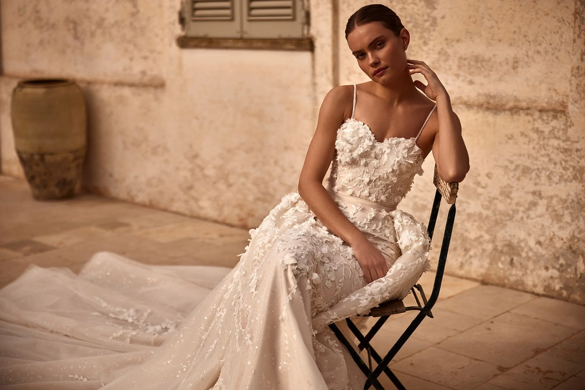 Luxury Floral Appliqué Spaghetti Strap Bridal Gown with Majestic Train Plus Size - Image 4