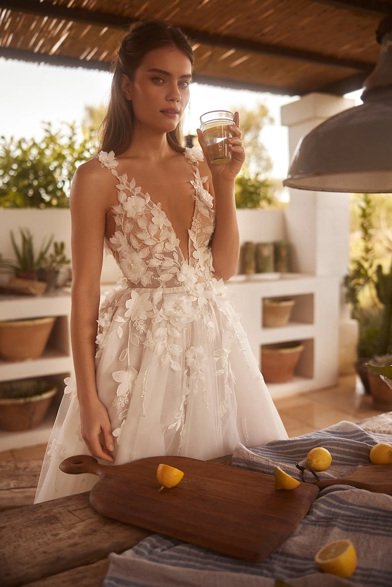 Luxury Floral Lace V-Neck Wedding Dress with Cascading Tulle Skirt Plus Size - Image 2