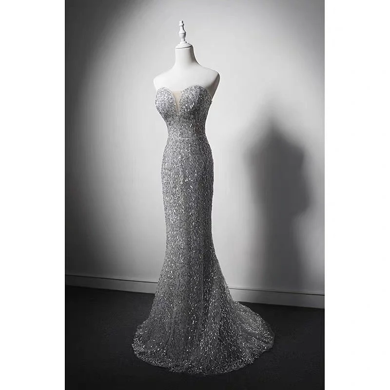 Luxury Grey Beaded Mermaid Formal Dress With Feather Shawl - Plus Size - Image 3