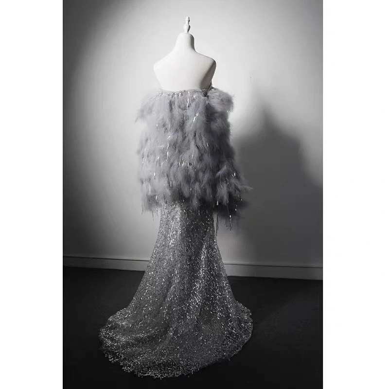 Luxury Grey Beaded Mermaid Formal Dress With Feather Shawl - Plus Size - Image 4