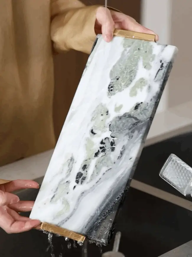 Luxury Handmade Italian Natural Marble Serving Tray with Brass and Jade-Inspired Flow Pattern - Image 6