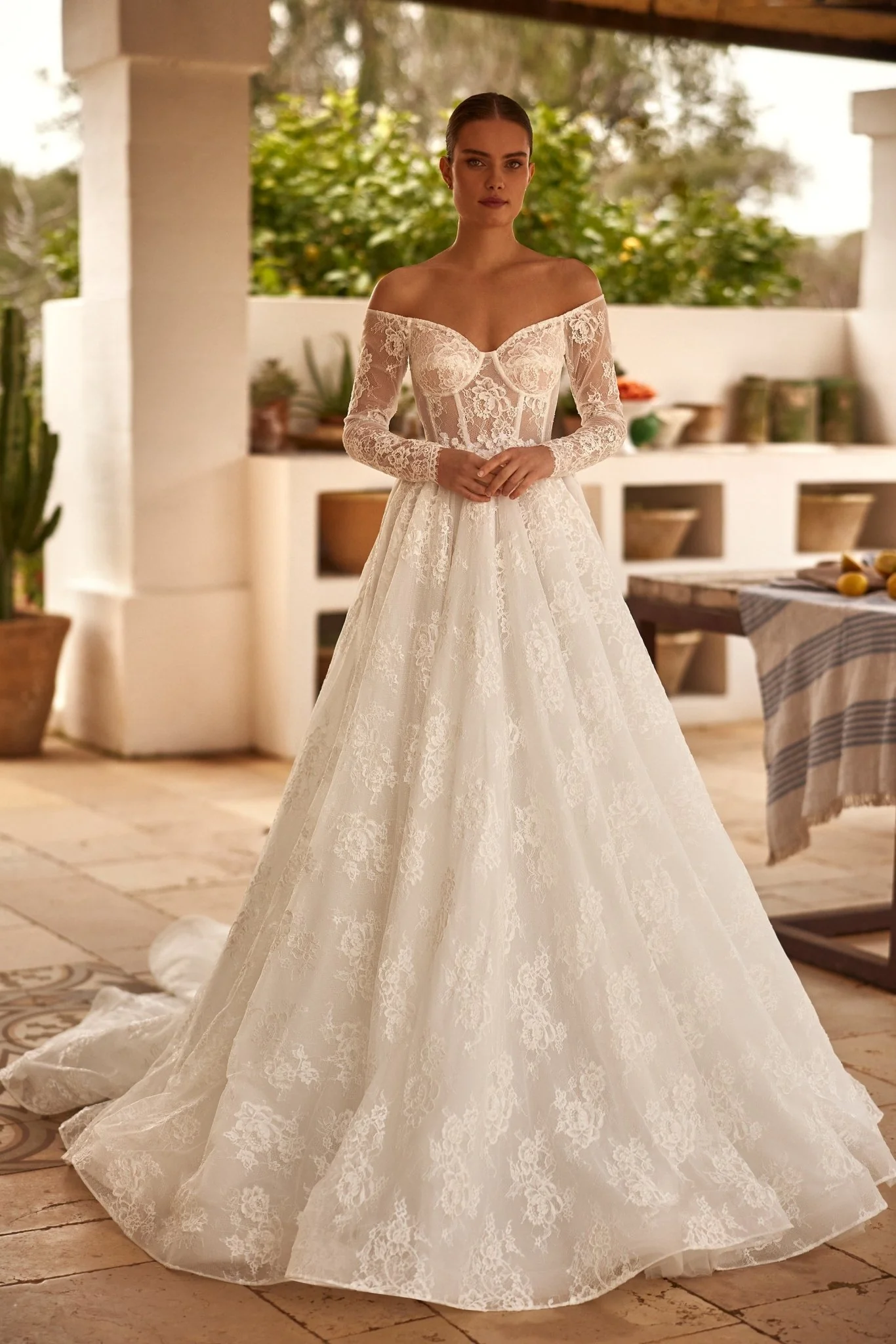 Luxury Long-Sleeve Off-Shoulder Lace Wedding Dress with Cascading Train Plus Size
