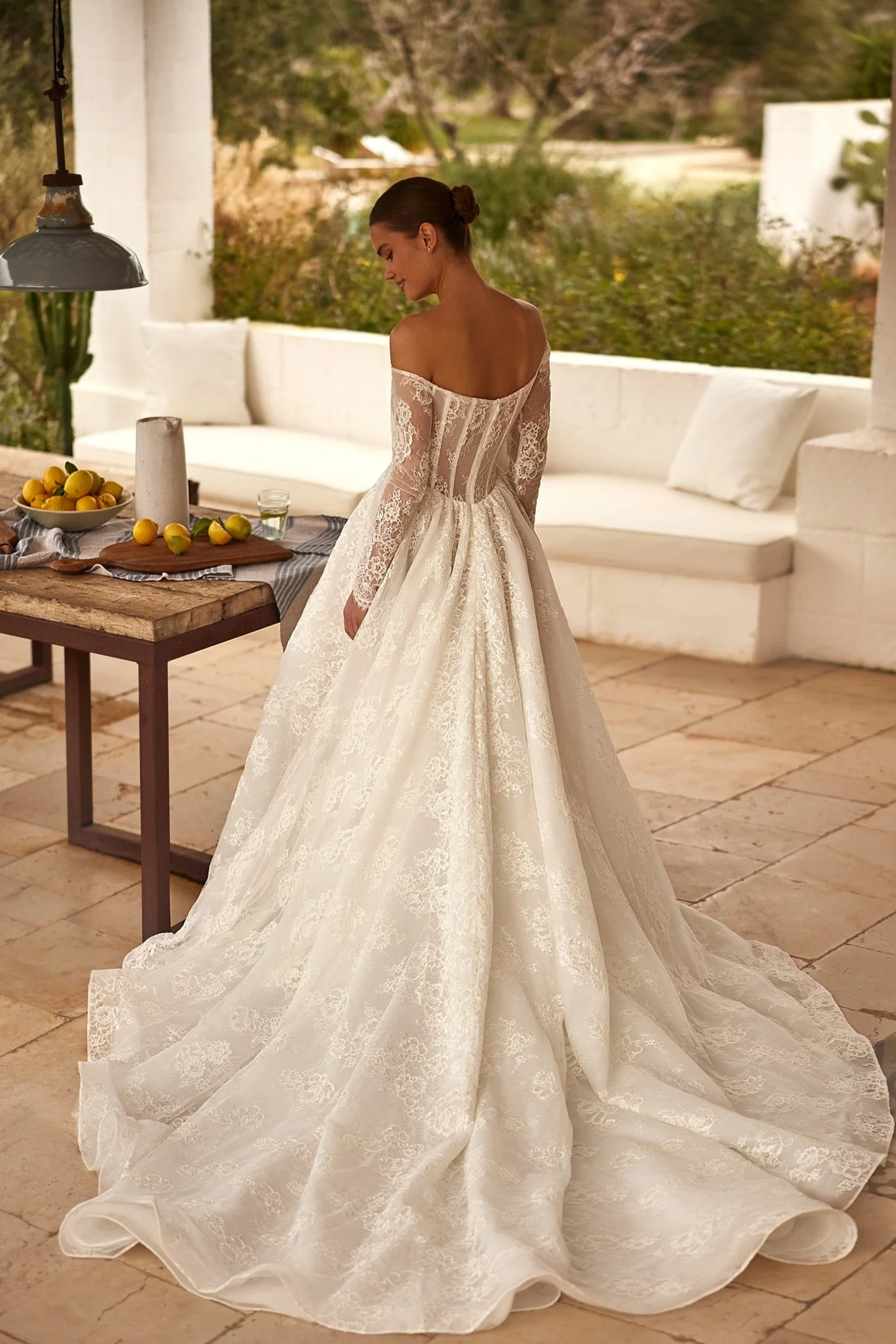 Luxury Long-Sleeve Off-Shoulder Lace Wedding Dress with Cascading Train Plus Size - Image 2