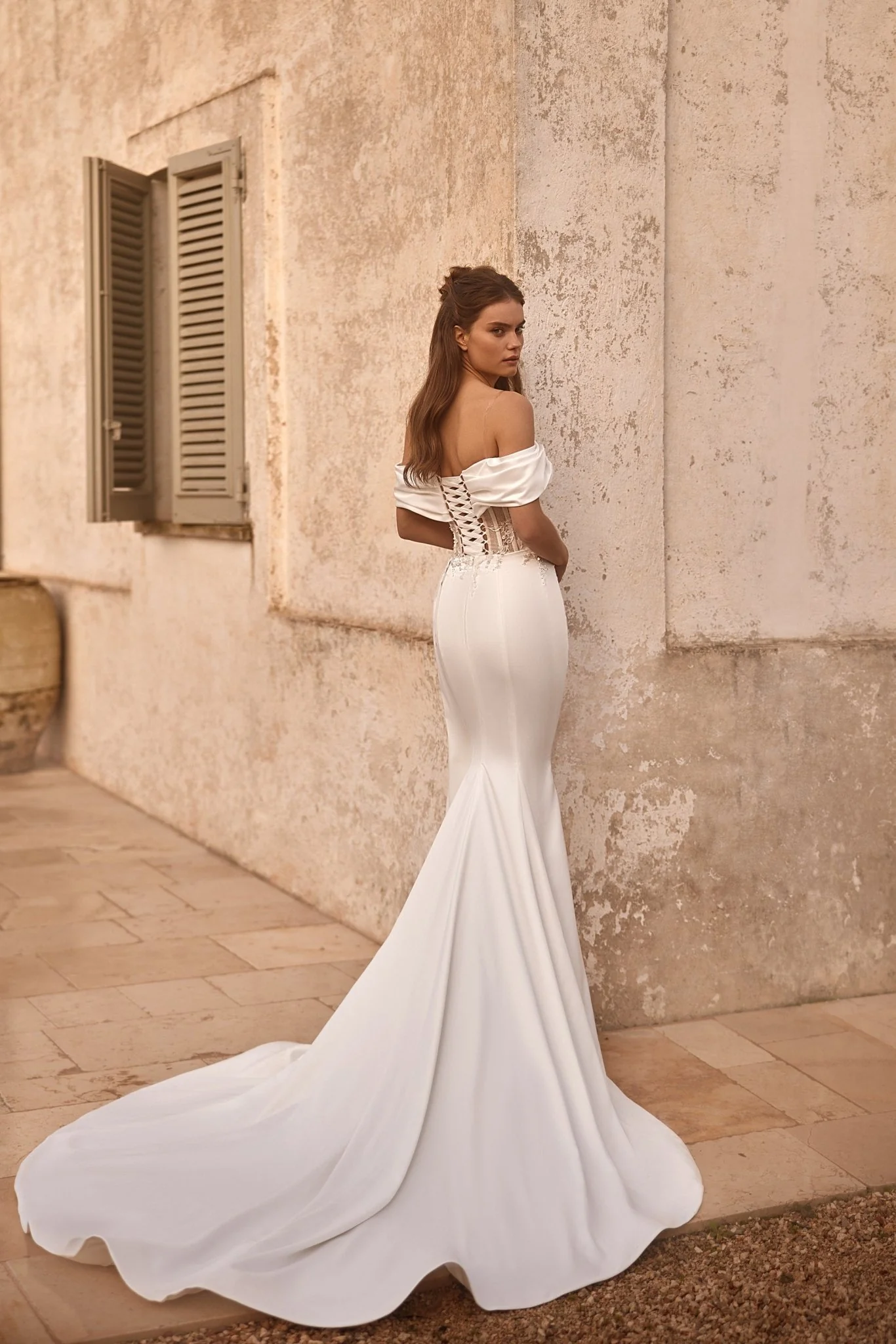Luxury Off-Shoulder Satin Mermaid Wedding Gown with Lace-Up Corset and Dramatic Train Plus Size - Image 2