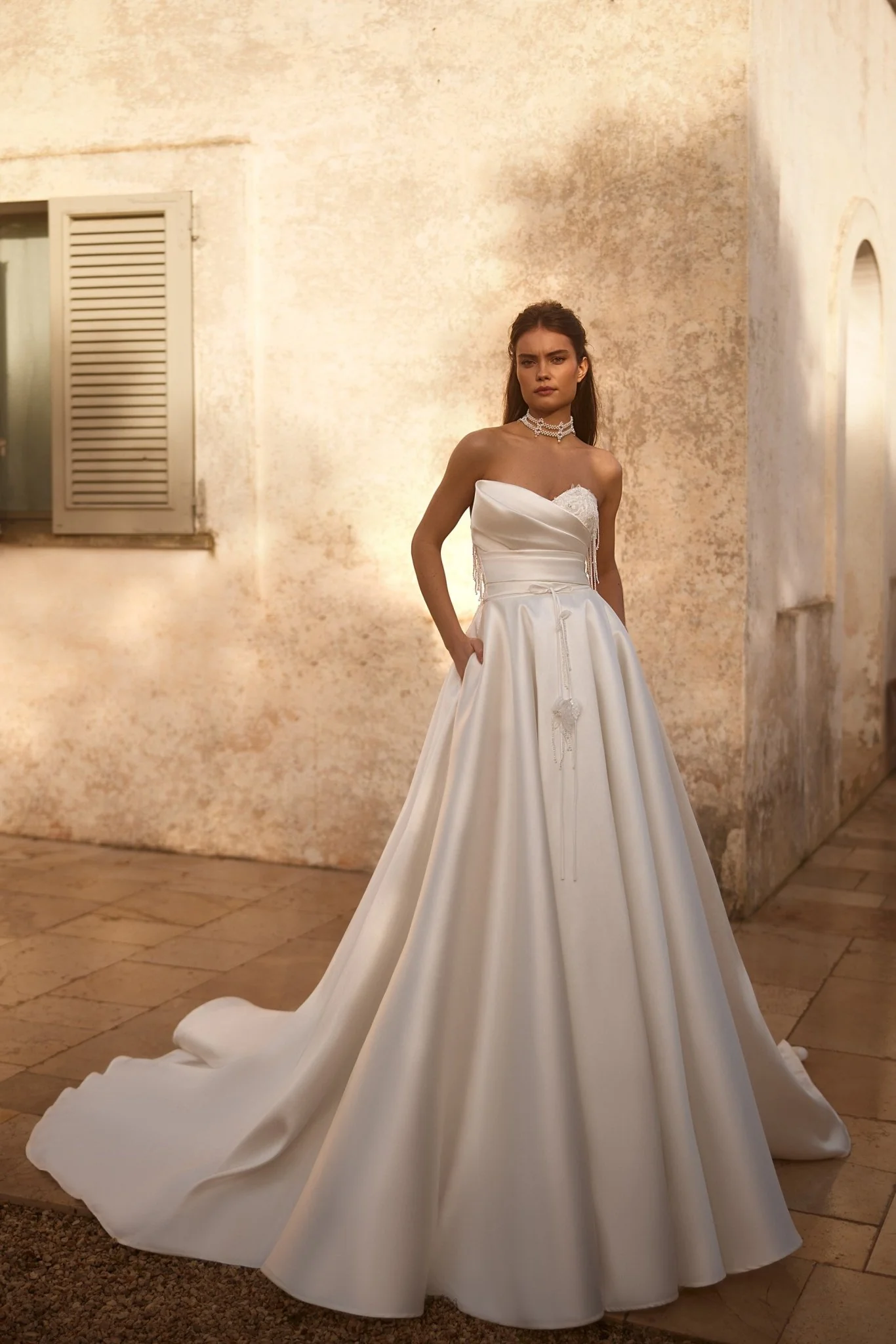Luxury Satin Strapless Wedding Gown with Beaded Corset and Majestic Train Plus Size - Image 2