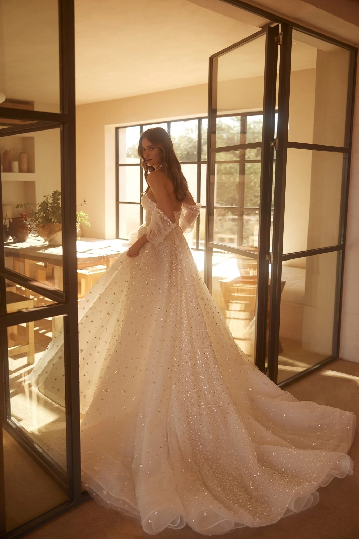 Luxury Sequined Off-Shoulder Wedding Dress with Elegant Train Plus Size - Image 3