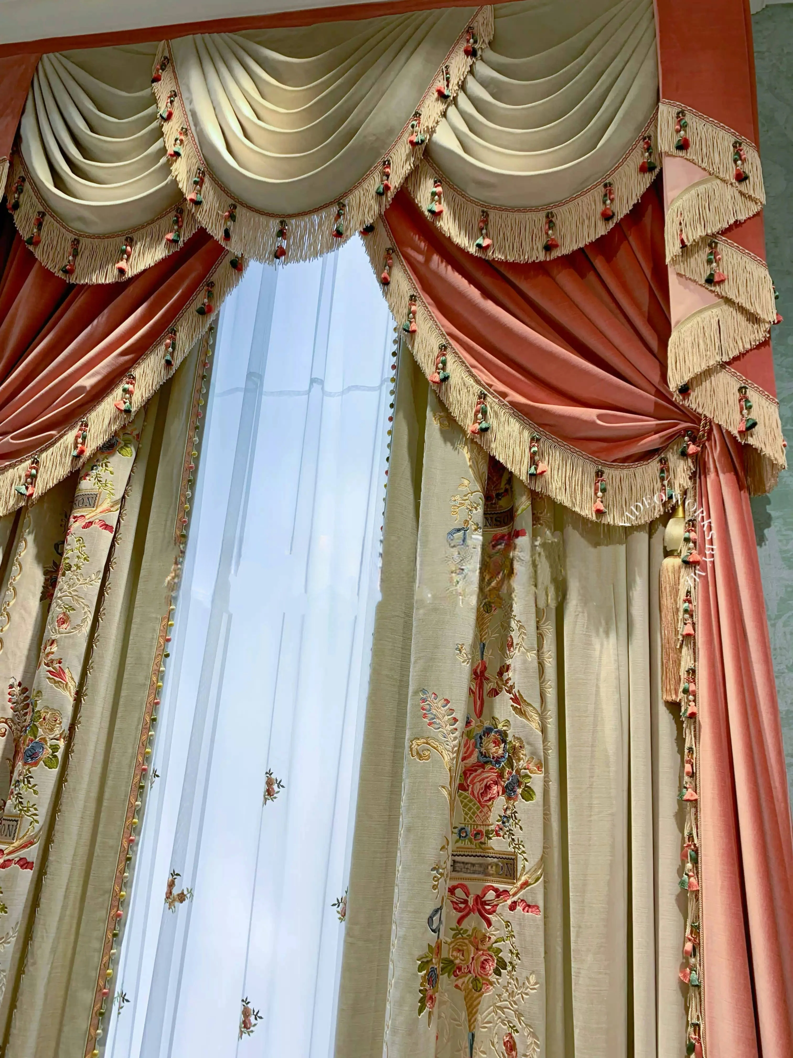 “Maison de Fleurs” Rococo Curtains – Embroidered Versailles Drapes with Pom Fringe for Romantic French Palace Decor - Image 2