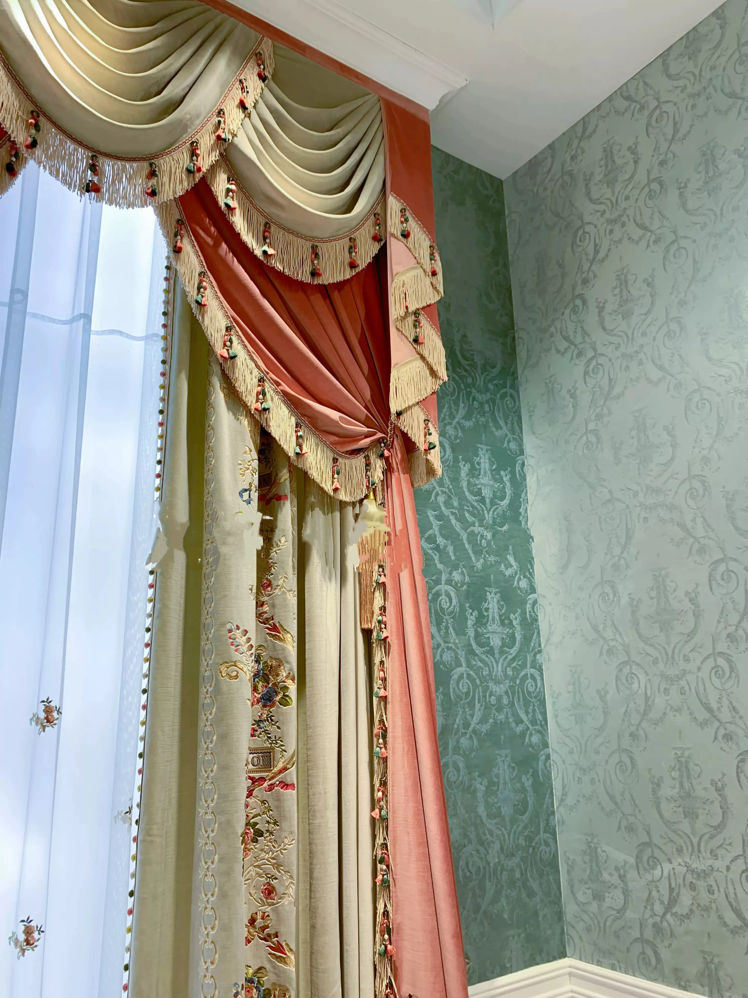 “Maison de Fleurs” Rococo Curtains – Embroidered Versailles Drapes with Pom Fringe for Romantic French Palace Decor - Image 4