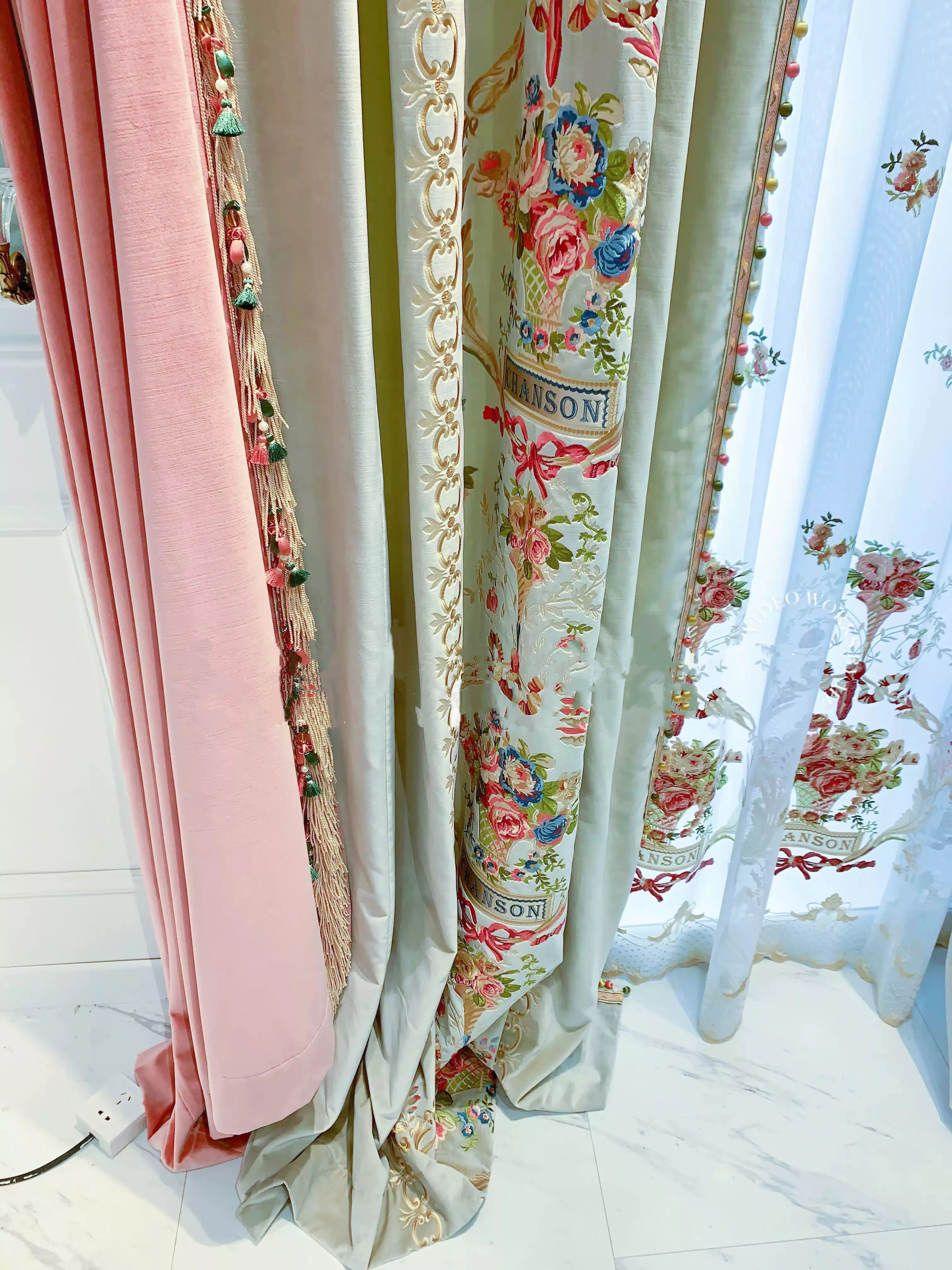 “Maison de Fleurs” Rococo Curtains – Embroidered Versailles Drapes with Pom Fringe for Romantic French Palace Decor - Image 5