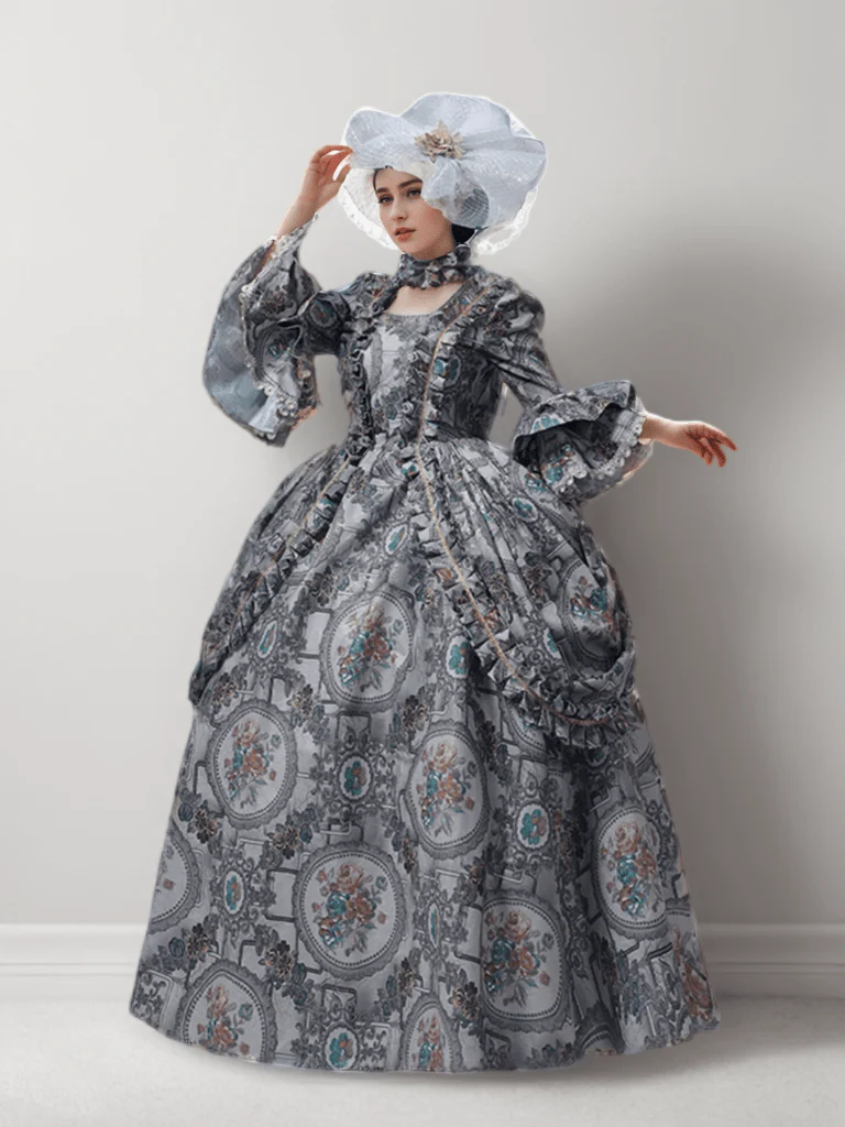 Majestic Grey Rococo Style Dress – Exquisite Baroque Print Ball Gown with Lace Detailing Plus Size - Image 2