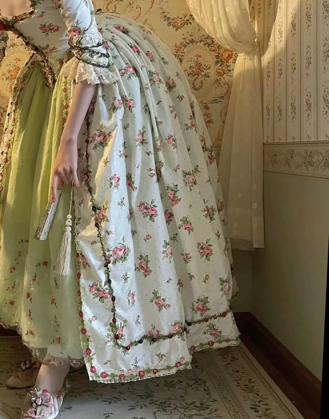 Marie Antoinette Pastel Green and Pink Floral Ball Gown - Rococo Style Dress and Corset Back Wedding Dress with Floral Accents Plus Size - Image 3