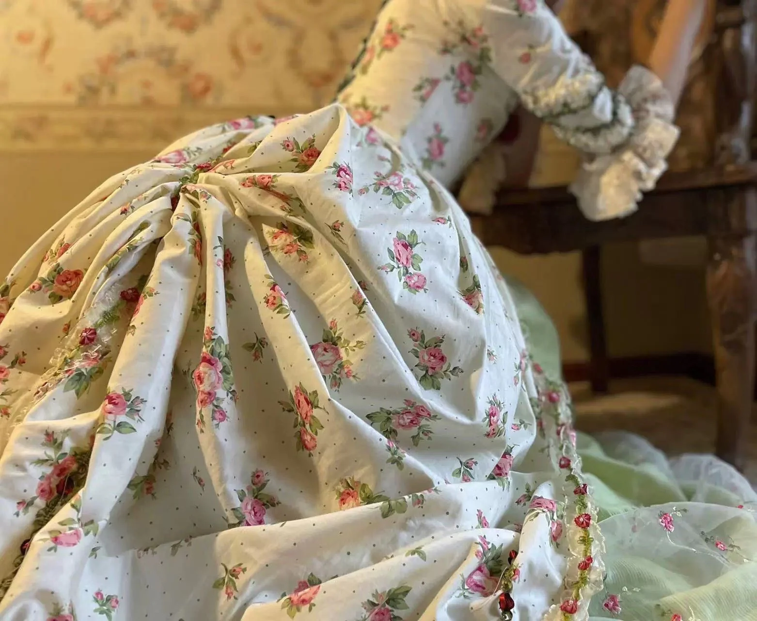 Marie Antoinette Pastel Green and Pink Floral Ball Gown - Rococo Style Dress and Corset Back Wedding Dress with Floral Accents Plus Size - Image 6