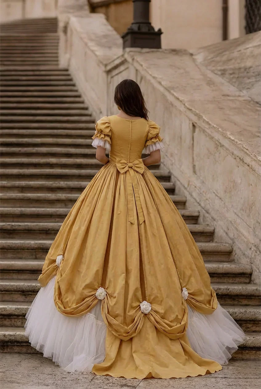 Marie Antoinette Yellow Ball Gown with Bow - Rococo Style Dress with Lace and Floral Accents Plus Size - Image 2