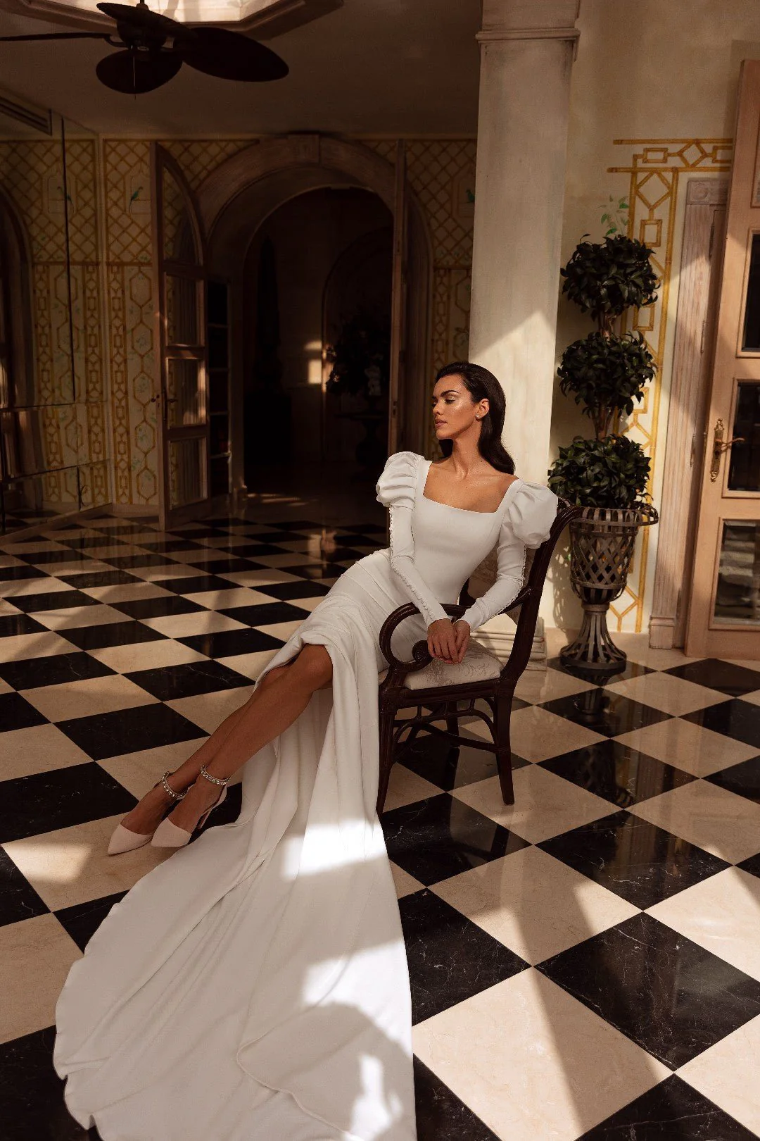 White Silk Wedding Dress with Regal Train and Puffed Long Sleeves - Plus Size-Marisol - Image 4