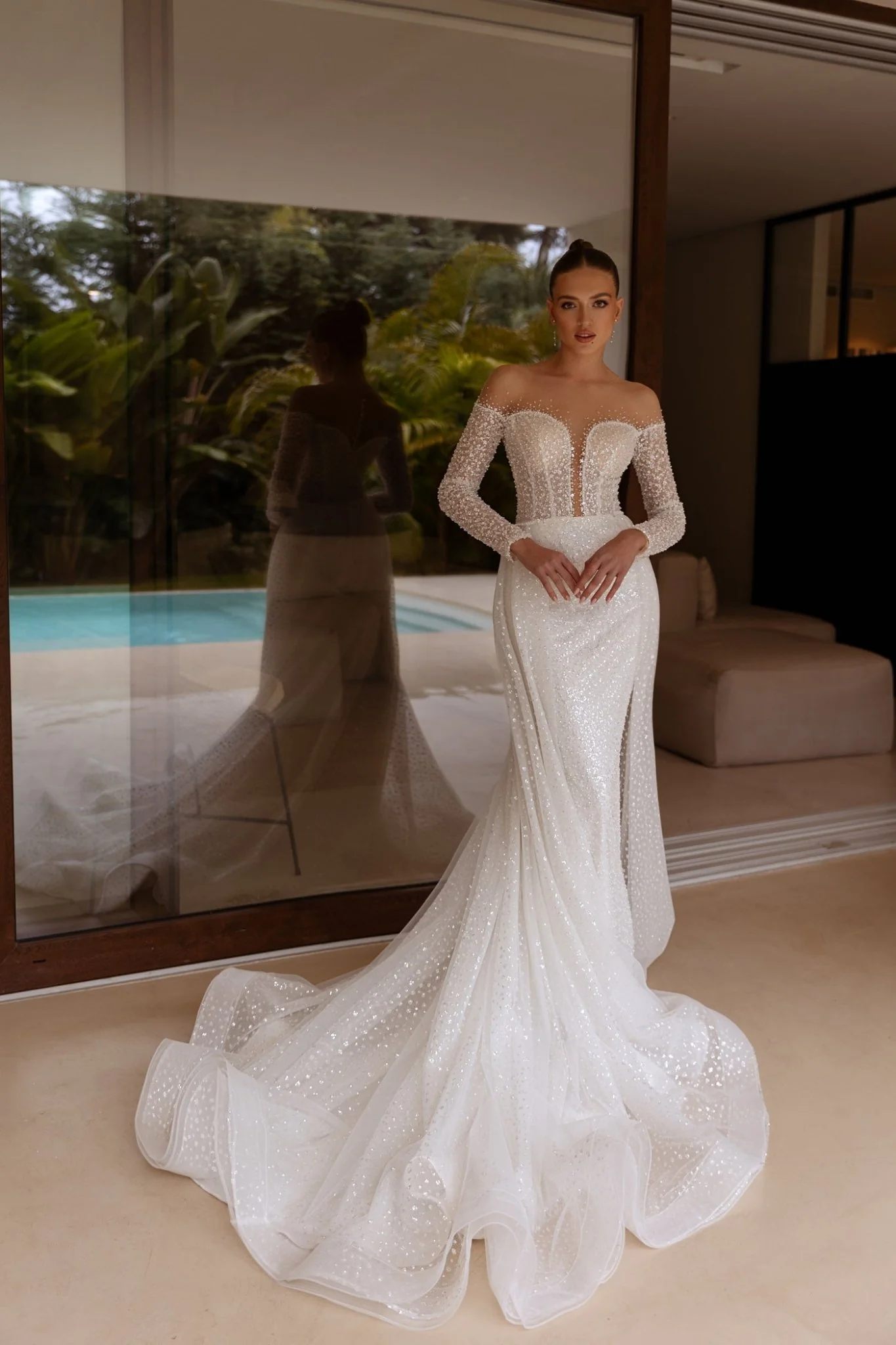 White Off-the-Shoulder Glitter Wedding Dress with Sheer Long Sleeves and Floor-Length Train - Plus Size-Marley
