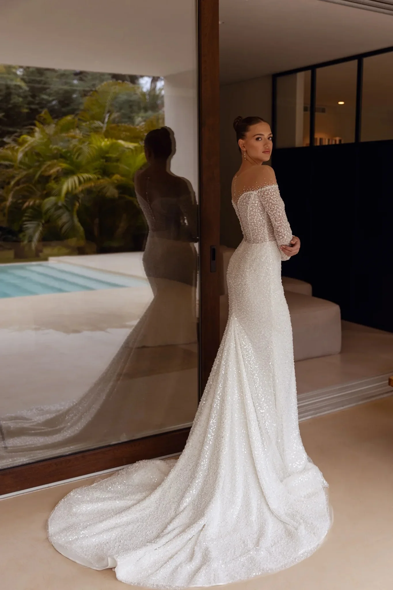 White Off-the-Shoulder Glitter Wedding Dress with Sheer Long Sleeves and Floor-Length Train - Plus Size-Marley - Image 5