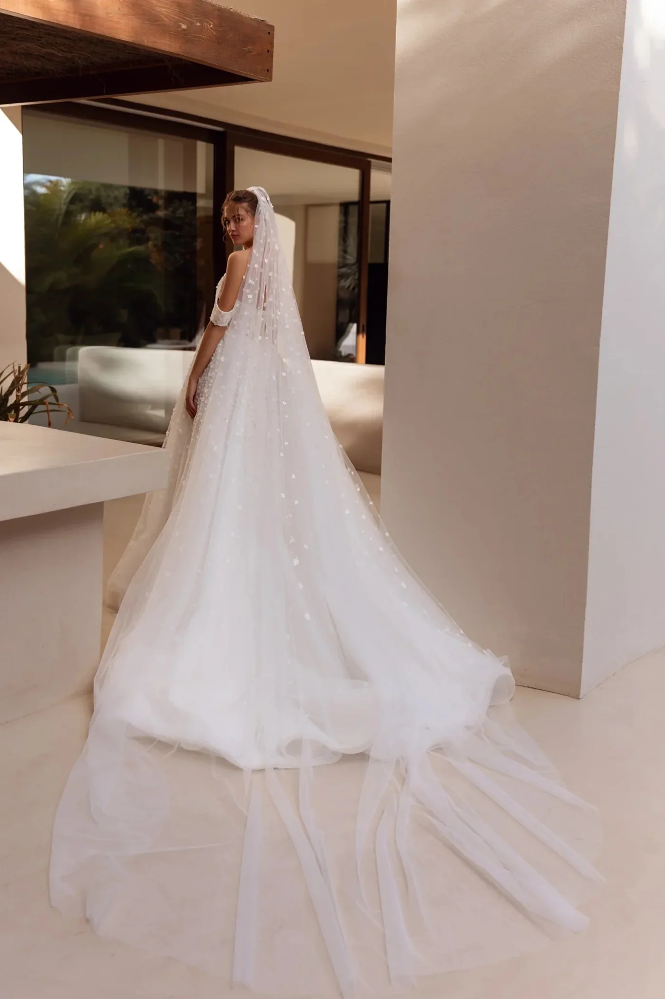 White A-Line Wedding Dress with Off-Shoulder Sheer Sleeves and Beaded Floral Embellishments - Plus Size-Martha - Image 4