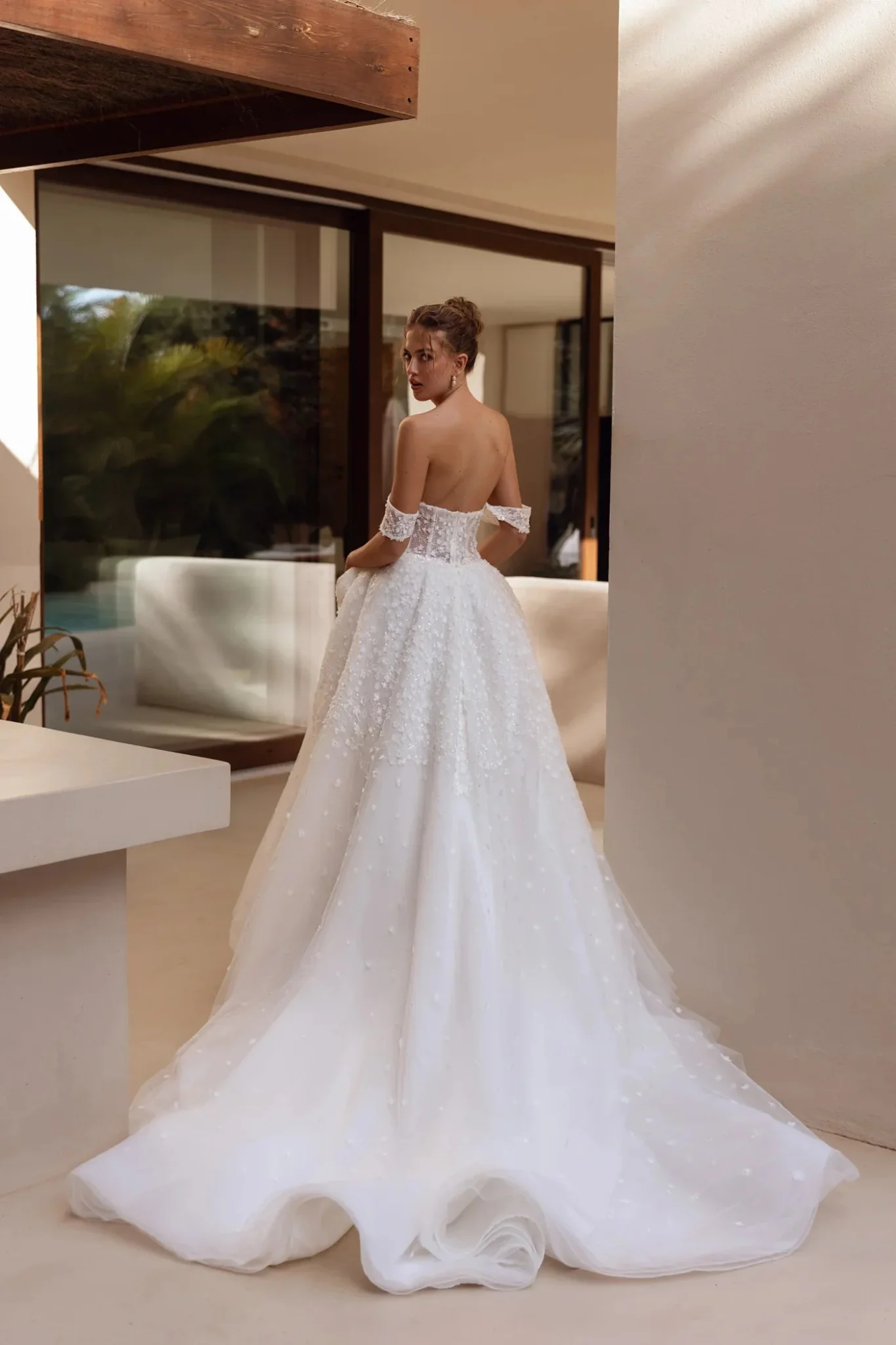 White A-Line Wedding Dress with Off-Shoulder Sheer Sleeves and Beaded Floral Embellishments - Plus Size-Martha - Image 5
