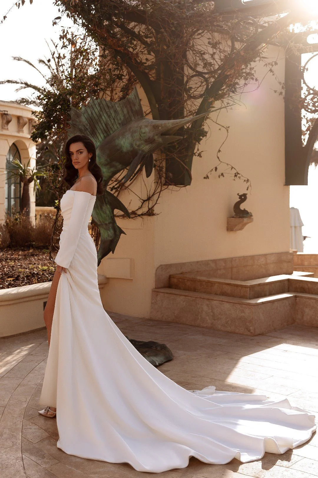 White Off-Shoulder Long-Sleeved Wedding Dress with High Slit and Flowing Train - Plus Size-Martina - Image 5