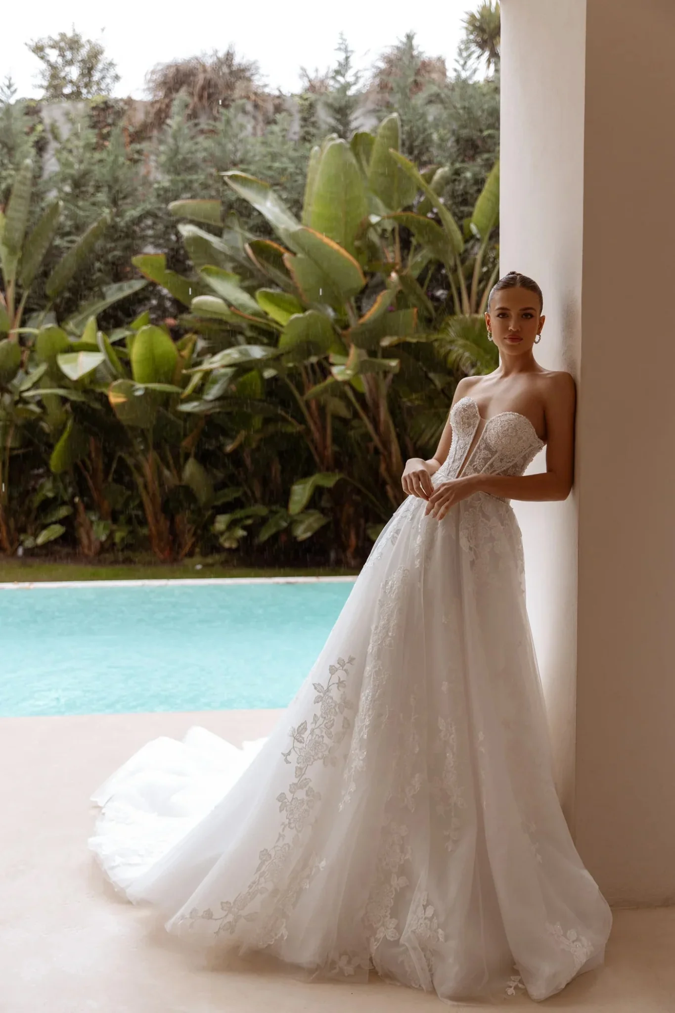 White Strapless Lace Ball Gown Wedding Dress with Sheer Floral Bodice - Plus Size-Melora