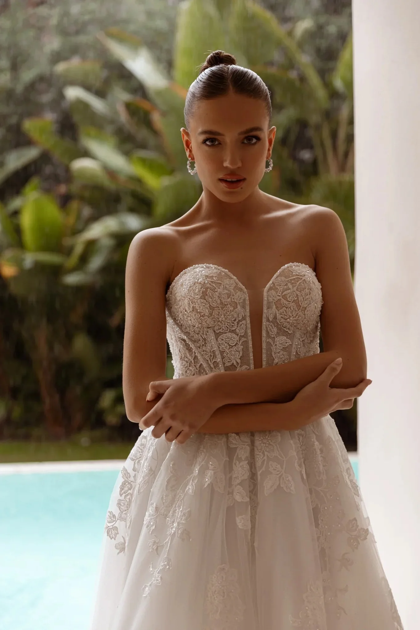 White Strapless Lace Ball Gown Wedding Dress with Sheer Floral Bodice - Plus Size-Melora - Image 3