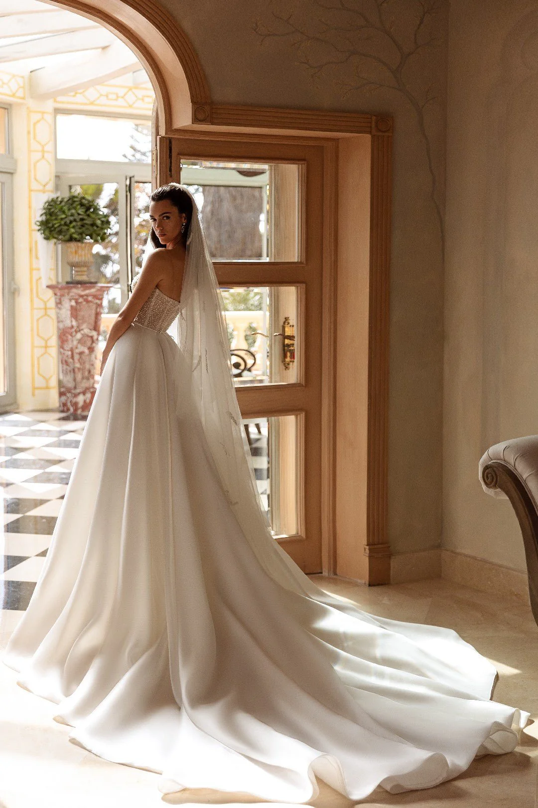 White Silk Ball Gown Wedding Dress with Jeweled Lace Bodice - Plus Size-Merita - Image 4