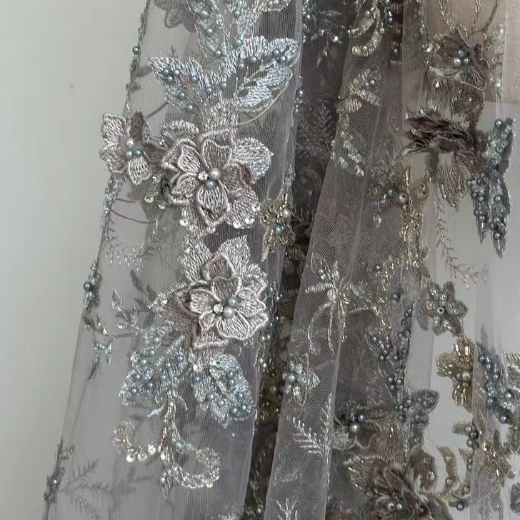 Metallic 3D Floral Embroidered Lace Fabric