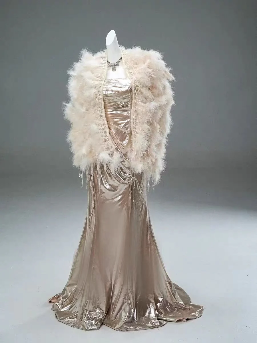 Champagne Satin Floor Length Evening Gown - Plus Size - Image 3