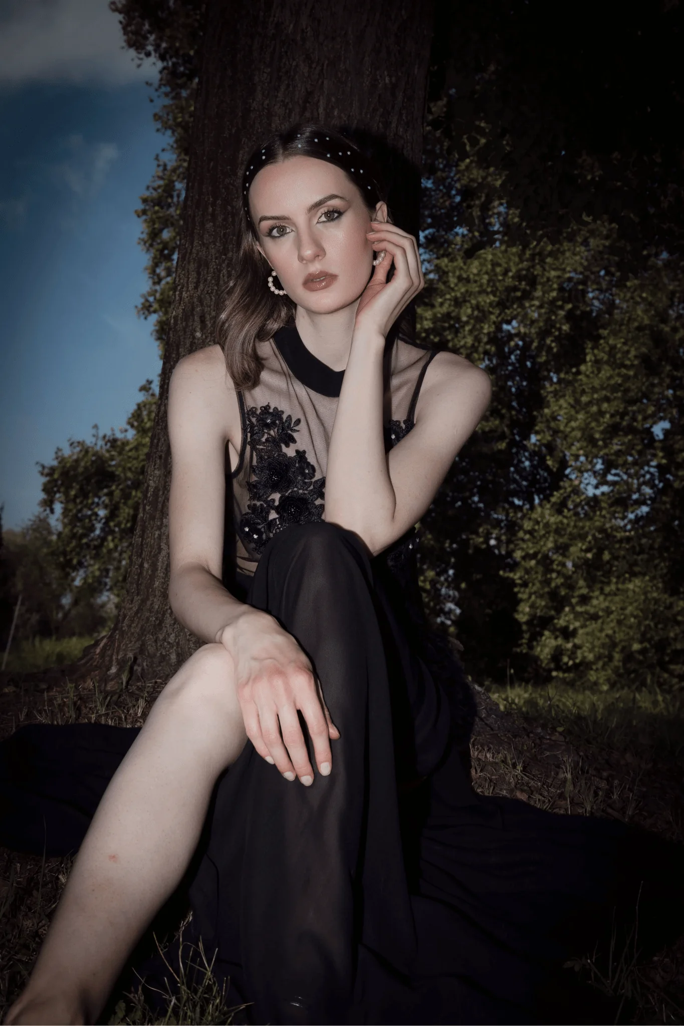 Midnight Elegance Sheer Mesh Night Gown with Floral Embroidery - Image 2